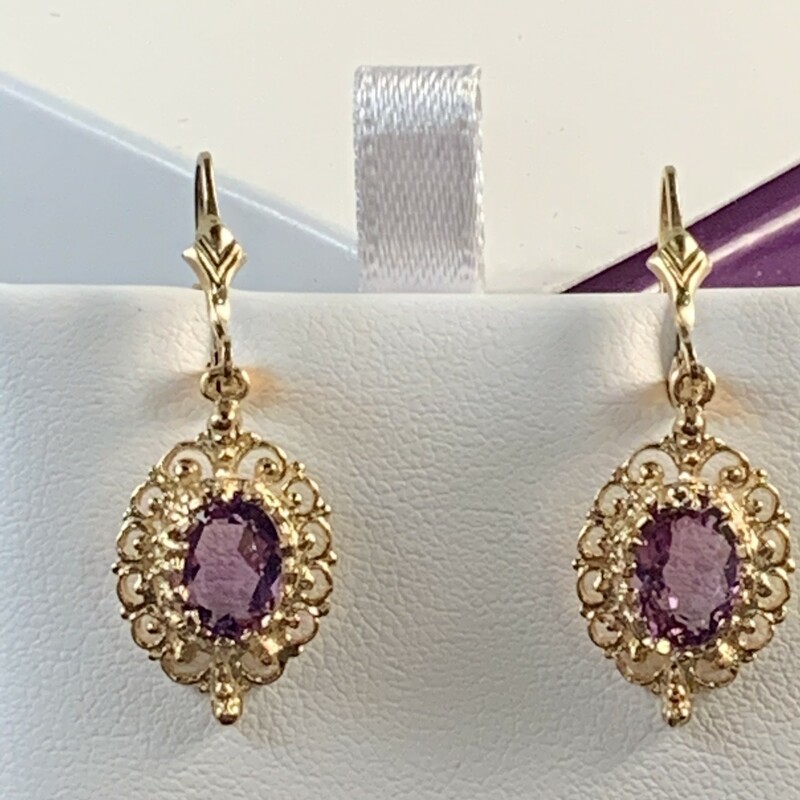 Oval Amethyst with Filigree Border Dangle Earrings
Lever back style. 8 x 6mm. Medium color.
$355