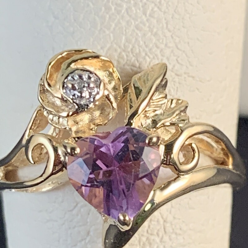 Heartshape Amethyst and Rose Design with Diamond Ring
Size 7
14 Karat Yellow Gold
$225

Can be sized up to 7.5 or down to 5