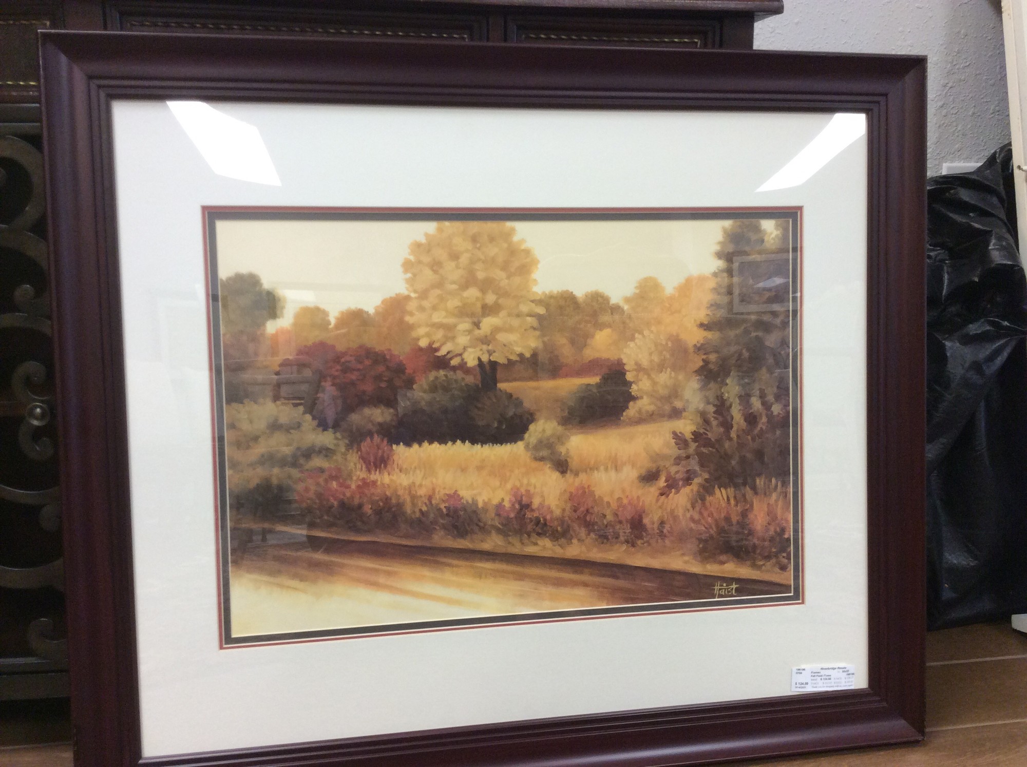 Beautiful Autumn trees in this framed picture by Haist.
It has a dark brown frame with a three layered matting which sets this picture off!
Measures- 38x32