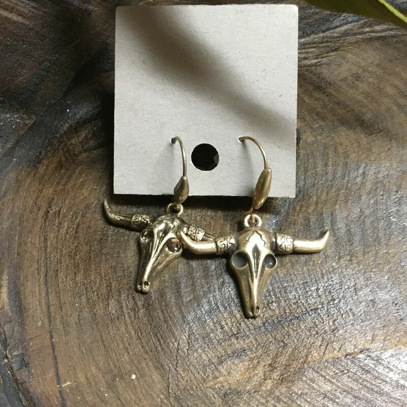 Distressed Gold Cow Skull Earrings. 1 inch.