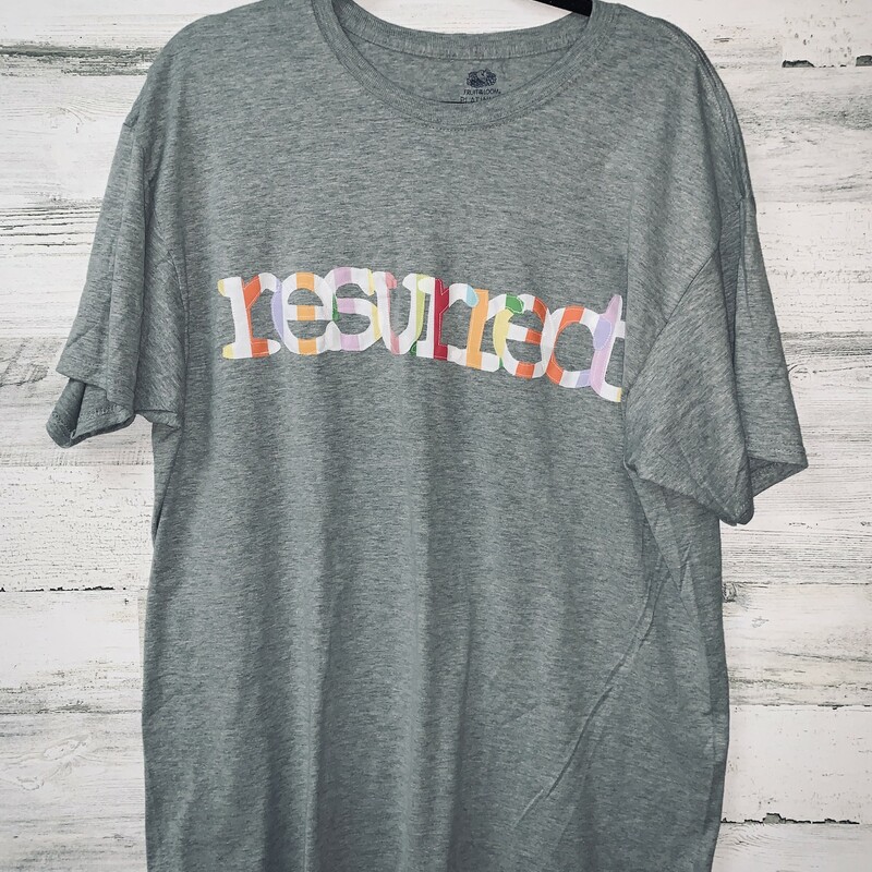 Gray Short Sleeve T-shirt with RESURRECT lettering on the front in Multicolored Ticking Stripe fabric
Size L