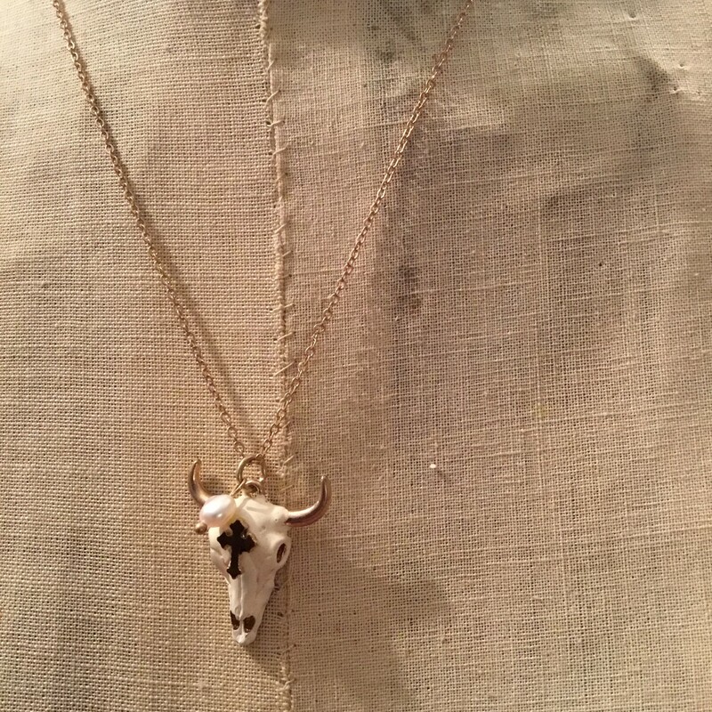 Boho Cream Cow Skull Gold Necklace. Adjustable Clasp