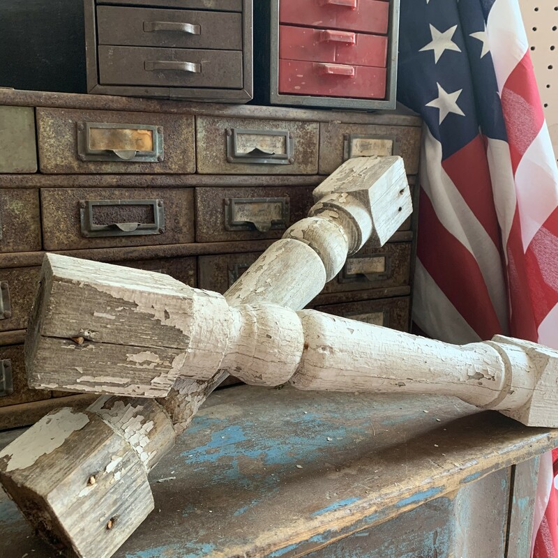 I love to use old shabby white chippy porch spindles as fillers everywhere in my house. Each one measures 18 inches long x 2 1/2 inches wide.