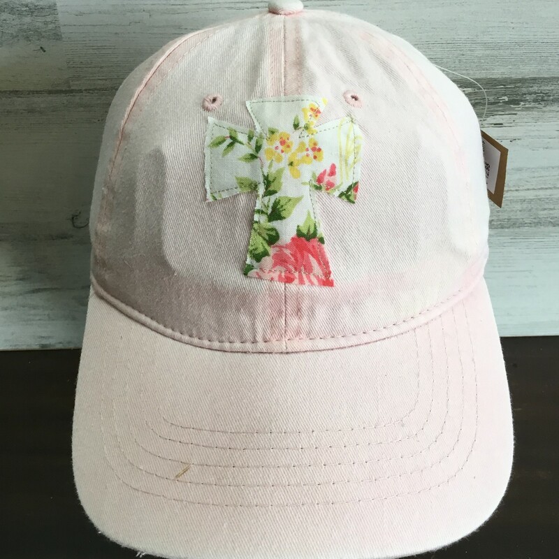 Who doesn't need one of these of pastel pink ball caps that we embellished a floral cross on from old vintage fabric. One Size Fits All.