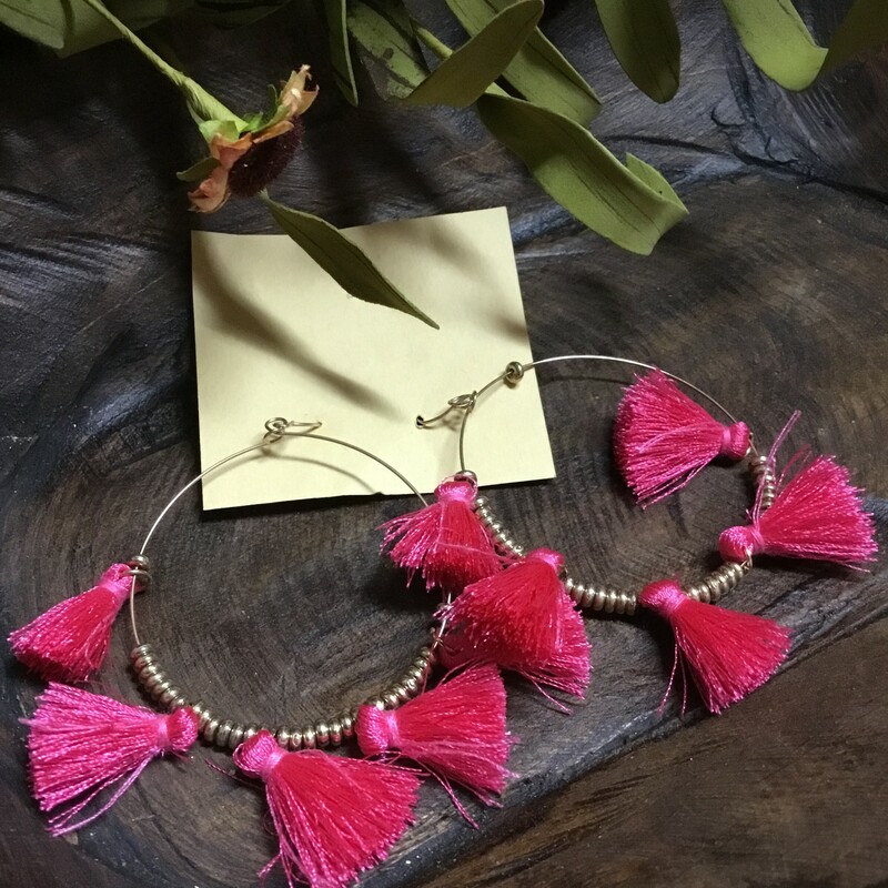 Magenta Pink Tassel Hoop Earrings. Lightweight. Gold tone. 3in.