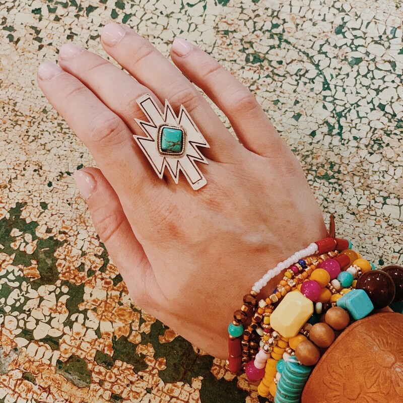 Boho Turquoise Aztec Cow Skull Ring. Adjustable for size.