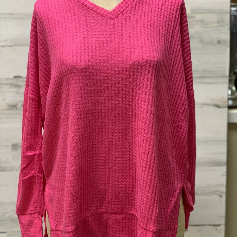 Fuchsia Waffle Knit Sweater Size Small. These pair so cute with Jeans or Leggings. Personally, I use these as a pullover during cool weather- over T-shirts when I am keeping it casual, and then I add a ruffle slip or dress underneath it when I want to dress it up.This Item is Long Sleeve. Made of 59% polyester, 38% Rayon, and 3% spandex.