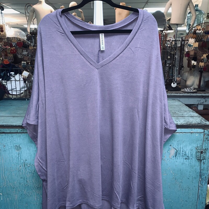 Lilac Gray Oversized Plus Top Size 1X. This top is considered oversized, so if you do not like the baggy fit, definitely size down. The V neckline is perfect for a casual look, paired with jeans OR leggings. Short Sleeve. Made of 57% polyester, 38% Rayon, and 5% spandex.