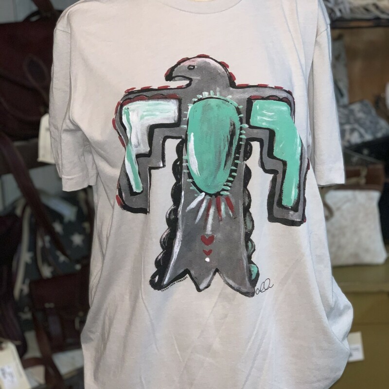 Callies Thunderbird Graphic Tee Heather Dust graphic tee shirt made ouf of bella canvas tshirt material. Its 50 % polyester, 25% cotton and 25% rayon. So cute paired with a pair of jeans.