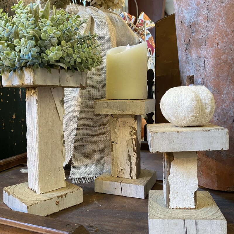 This wood pedistal is perfect to use anywhere in your home that needs some height and interest.  Use them for weddings, candles or gather a few together for a nice center piece display
Heights as follows:
Small 6 inches
Medium 7 inches
large 9 inches