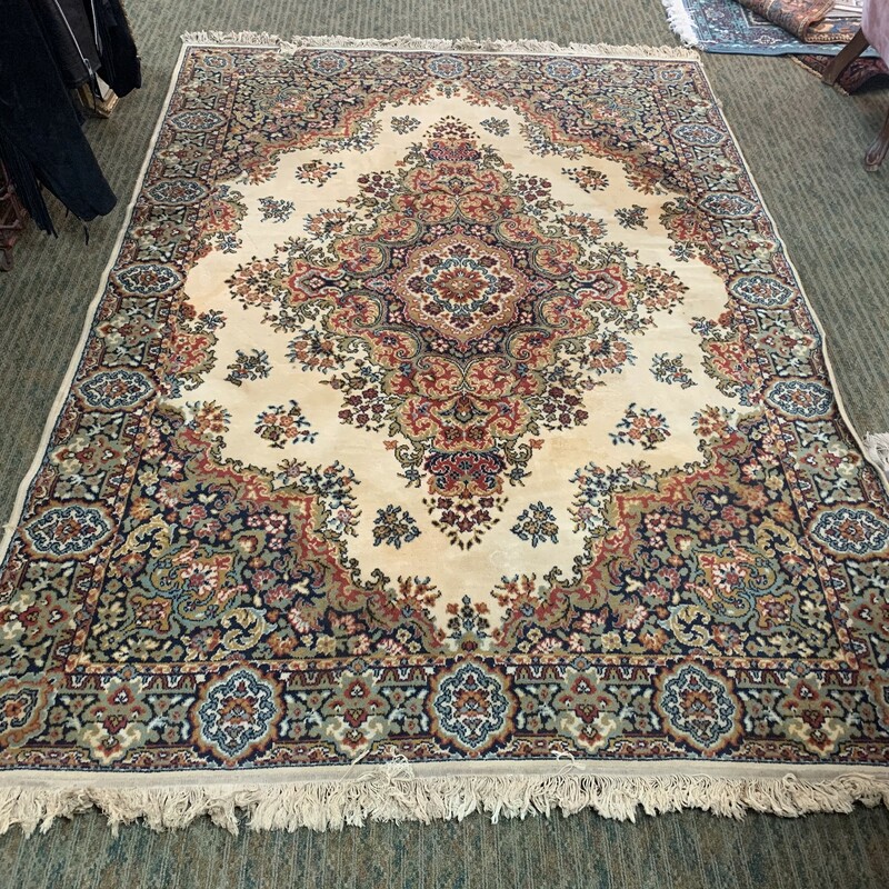Have a visible wear, needs some cleaning. Overall in a good vintage condition, there is some pulled threads on the edges. Please make sure to look at all the pictures for a closer visual.
Measures approx. 93'' x 67''
Fringe measures 3'' long
Rug is very beautiful, well made, vibrant colors.
Thank you.