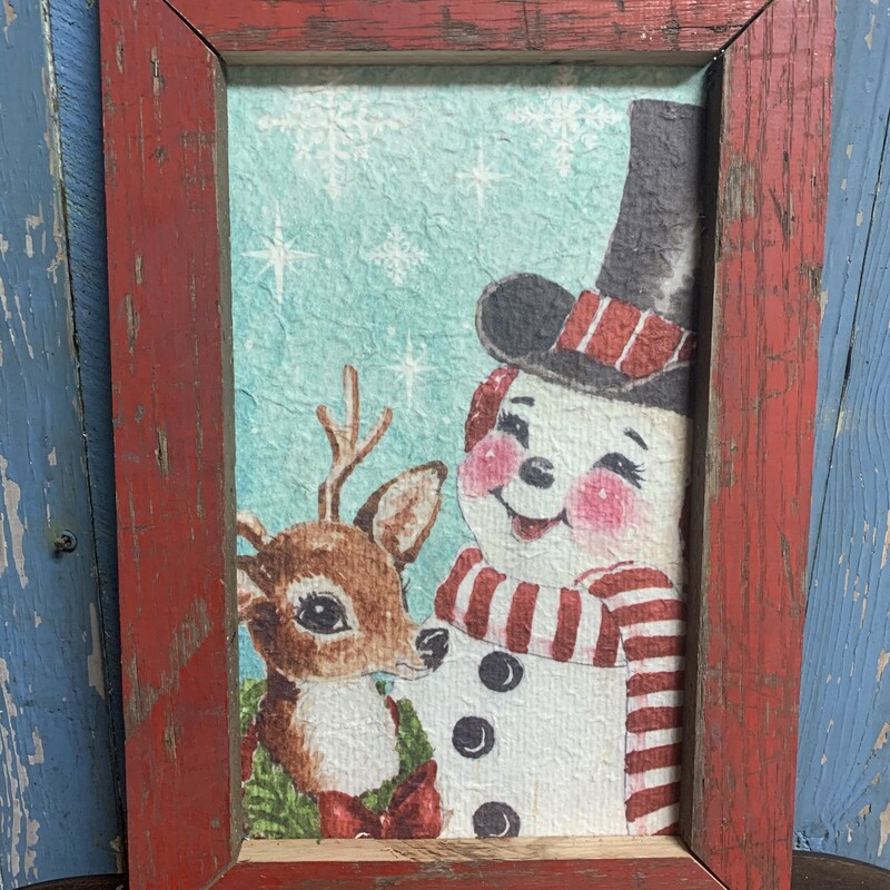 Handmade Vintage Snowman Reindeer Print. Perfect rustic decor addition to your home. Measures approx frame 19'' x 13''  x 1'' print 9'' x 15''
