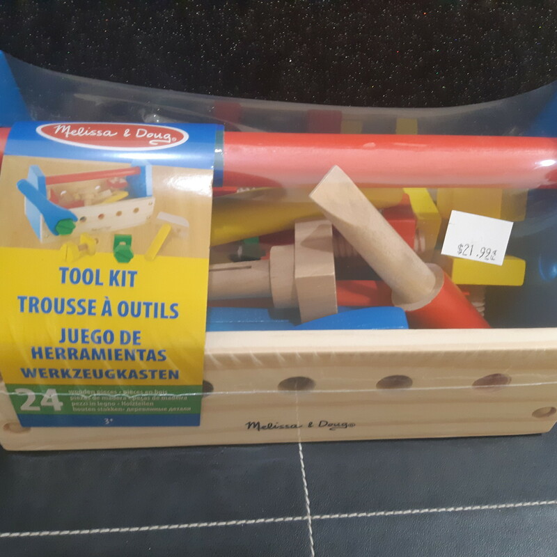 Tool Kit, Wood, Preschool
Ages 3+
24 wooden pieces
Helps teach fine motor skills, hand-eye coordination and problem solving; encourages imaginary play and manual desterity.