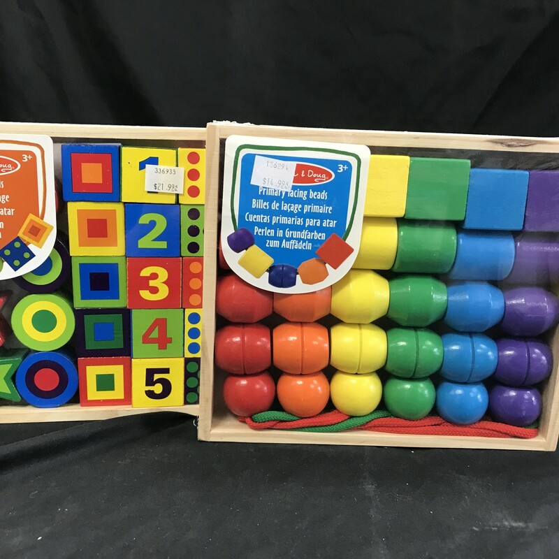 Primary Lacing Beads, Wood, Preschool
Ages 3+
Includes 30 wooden beads and 2 laces
Helps teach sequencing, sorting, colour and shape recognition; encourages fine motor skills.