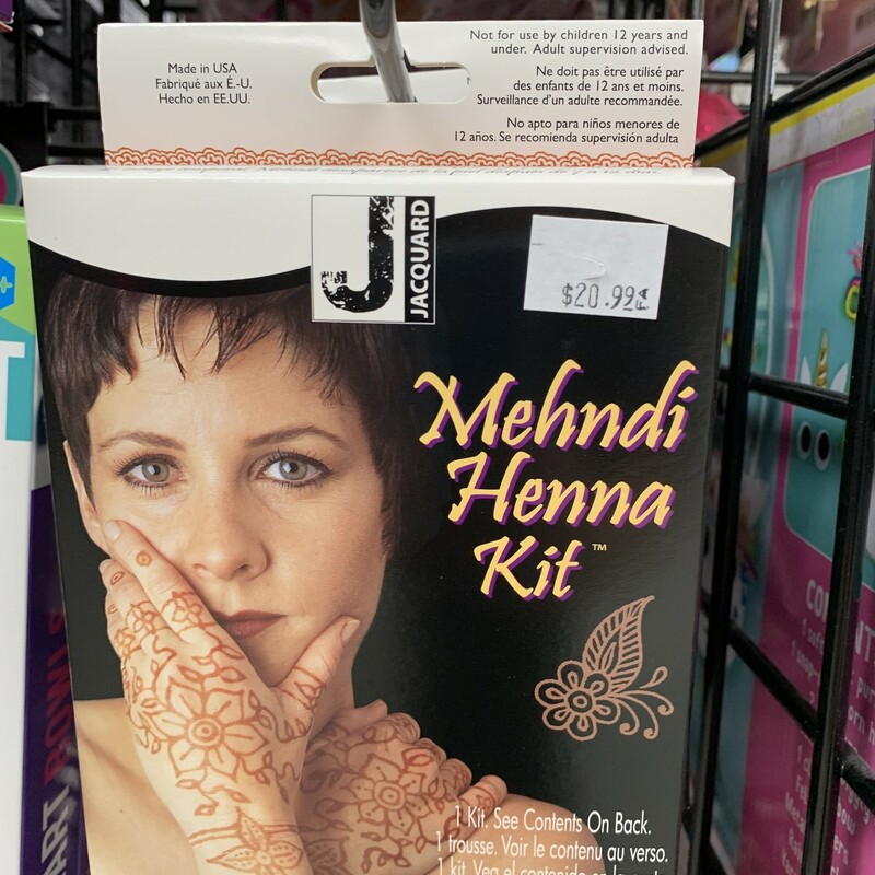 Mehndi Henna Kit, 12+, Size: Tattoos

Henna is one of the oldest forms of body art and stains the skin in some color between orange, red, burgundy, brown or coffee
Perfect for creating non-permenant body art
For ages 12+