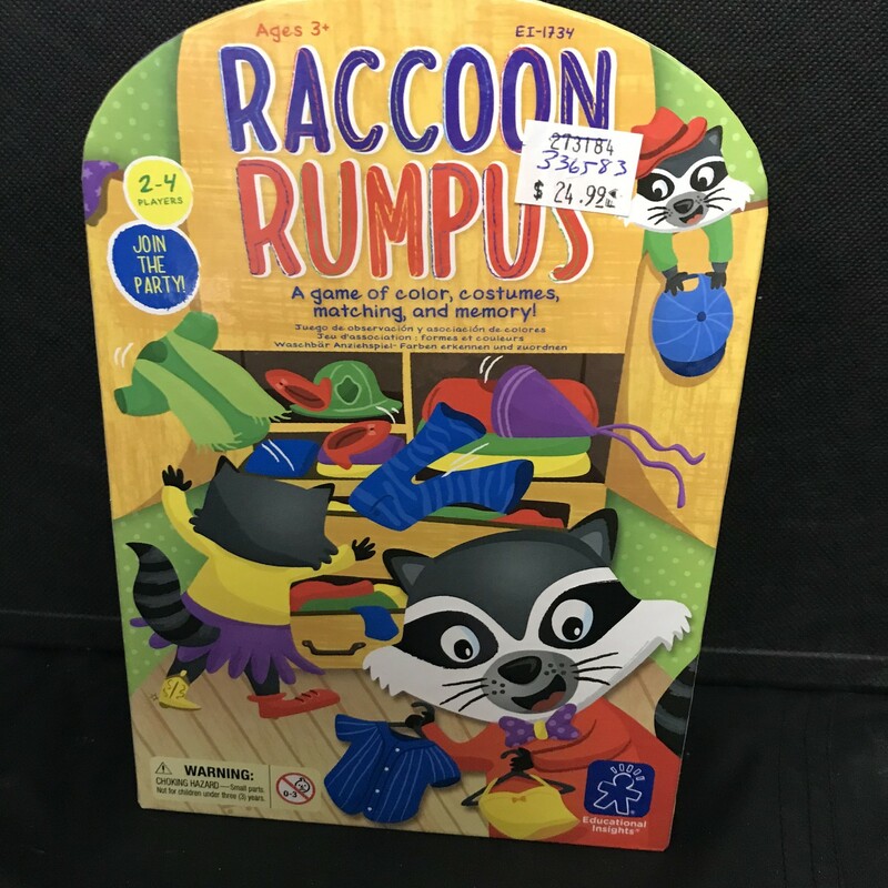 A game of colour, costumes, matching and memory!
Raccoons have raided your closet and now they're having a party!  Help these masked bandits get dressed - the critter that collects the most costumes wins!  Ages 3+ and 2-4 players