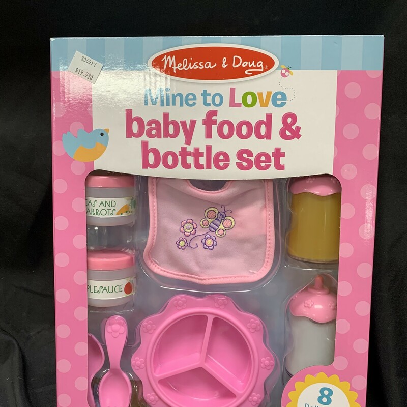 Baby Food & Bottle, Mine ToLove,  Doll set
Ages 3+
8 doll sized pieces
2 bottles with disappearing liquid, 2 pretend baby food jars with lids, embroidered bib, 2 utensils, plate