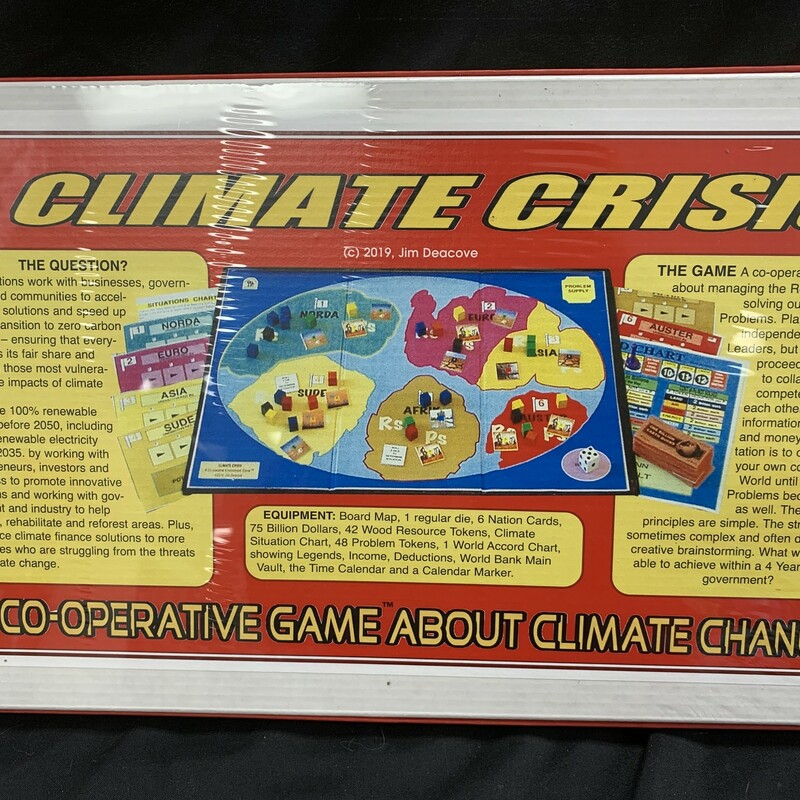 Object of the game: to eliminate all climate problems on the moard map by skilled use of resources and income within one 4 year term of government.
Ages 12-adult
Players 3-18