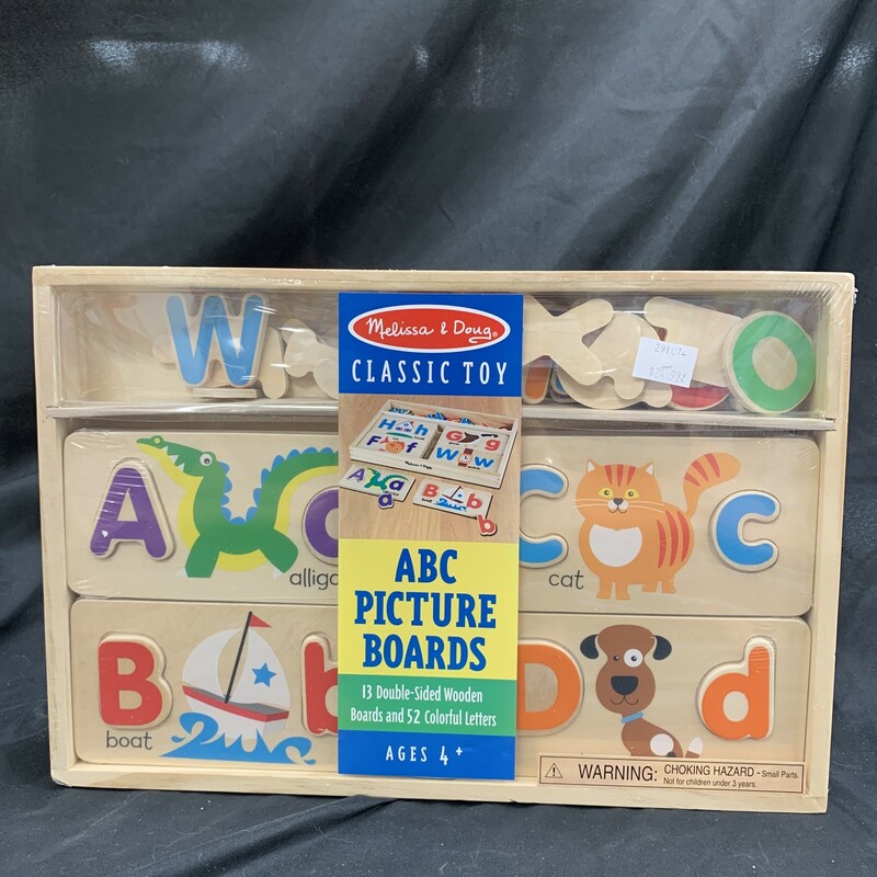 Abc Picture Boards, Wood Puzzle
Ages 4+
13 Double-sided wooden boards and 52 colourful letters