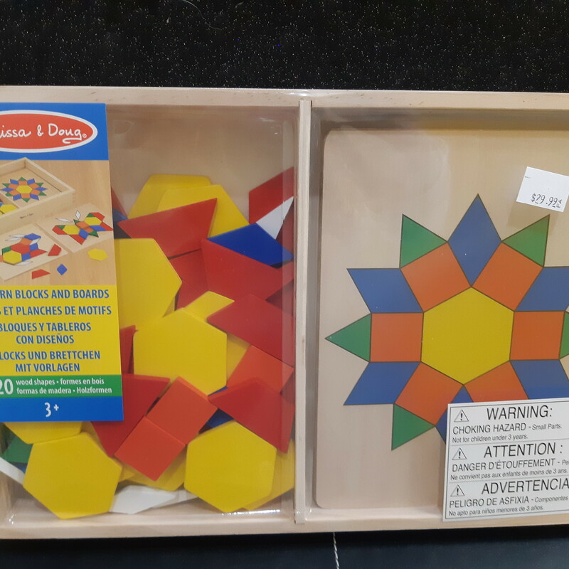 Pattern Blocks And Boards, Wood  Puzzle
Ages 3+
120 wood shapes and 5 double-sided panels.
Helps teach matching, colour recognition, geometric shapes, and problem solving; encourages creativity and independent learning
