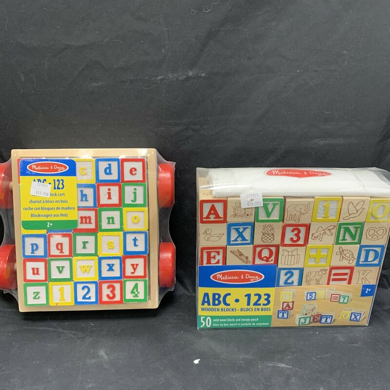 Abc 123 Wooden Blocks, Wood,  Preschool
Ages 2+
50 solid wood blocks and storage pouch
Helps promote creativity and encourages cooperative play, develops fine motor skills, hand-eye coordination, letter and number recognition, beginning spelling and number skills, spatial relationships and problem solving skills.