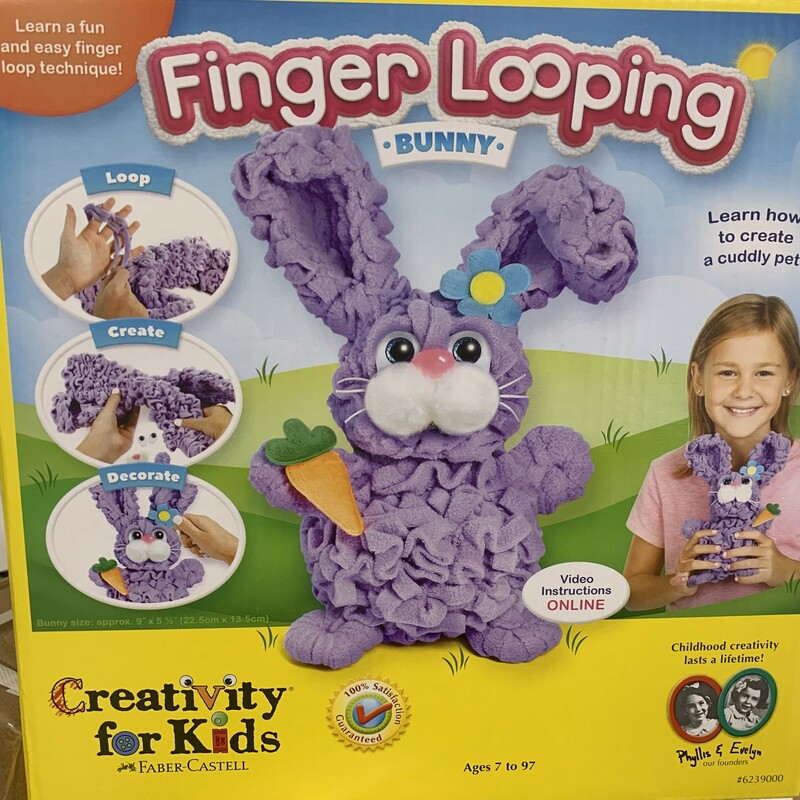 Finger Looping Bunny, 7+, Size: Create

urn pre-cut fleece and fun craft components into your own cuddly, handmade pet. This Finger Looping kit provides children with a unique and fun approach to the classic finger knitting experience.

So much easier than knitting or crocheting! Our step-by-step instructions, photos and video will teach you how to loop, create and decorate your new fuzzy friend.

Looping soft fleece around fingers provides the perfect sensory craft experience. When you are finished, enjoy the soothing comfort of your hand-crafted pet! Bunny measures 9” l x 5 ½” w.

Ages: 7 to 97

Contents Include: Polar Fleece Strips, Chenille Stems, Felt Eyes, Plastic Eyes, Plastic Nose, Pom Poms, Puffy Felt Carrot and Flower, Embroidery Cord, Comb Tool, Craft Glue .2 fl oz. (6 ml), Instructions