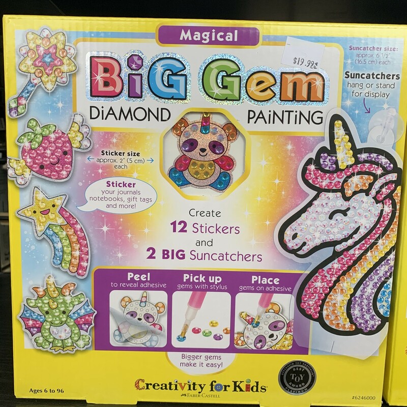Diamond Painting Magical, 6+, Size: Create
Diamond painting made simple! Larger gems and adorable magical designs make this activity easy and fun to do for kids and beginners.

No glue needed! Just peel the clear cover off the adhesive then use the stylus to pick and place the colorful gems.

Enjoy two diamond painting activities in one kit: 12 holographic stickers include printed dots for guided gem placement while, 2 sun catchers offer an open-ended design experience.

Apply your Big Gem Magical stickers to journals, cards, notebooks, pencil cases and so much more. Display your suncatchers using the stands or included suction cups.

Ages: 6 to 96

Contents Include: 1000+ Colorful Gems: 3/16” (5 mm), 12 Holographic stickers: approx. 2 ” x 2“ (5 x 5 cm), 2 Suncatcher designs: approx. 6 1/2” (16.5 cm) tall, 2 Suction cup hooks, 2 Suncatcher stands, Gem tray, Diamond painting stylus, Wax square for stylus, Instructions


Ages: 6 to 96
