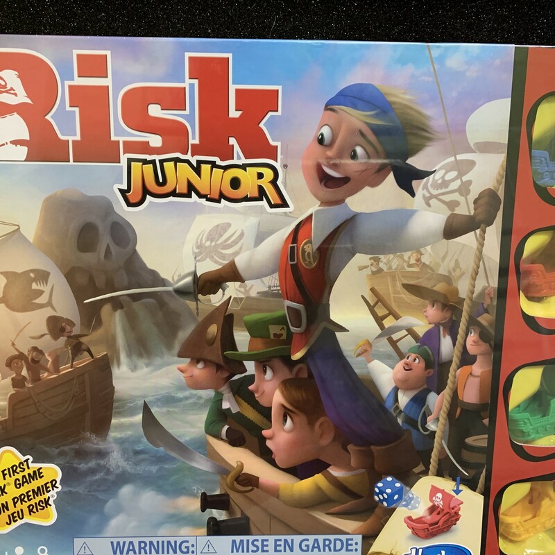 Risk Junior, 5+, Size: Game

INTRO TO THE CLASSIC RISK GAME: The Risk Junior board game is a great way to introduce kids to the strategy gameplay of the classic Risk game. The game is for kids ages 5 and up; for 2 to 4 players
PIRATE THEME: The Risk Junior game's pirate theme has kids moving their pirate ship tokens around the board, competing for treasure and control of the islands
LAUNCH THE DICE: Place, press, launch. To battle another player to claim an island and its treasure, players put a die in their pirate ship, press the lever, and launch it to discover the next move
GAME OF STRATEGIC CONQUEST: Move pirates on to islands, defend territories, and control of treasures. The player with the most treasure and islands at the end of the game wins
MY FIRST RISK GAME: The Risk Jr. game is a great way to introduce kids to the classic strategy board game. It makes a great gift for kids ages 5 and up