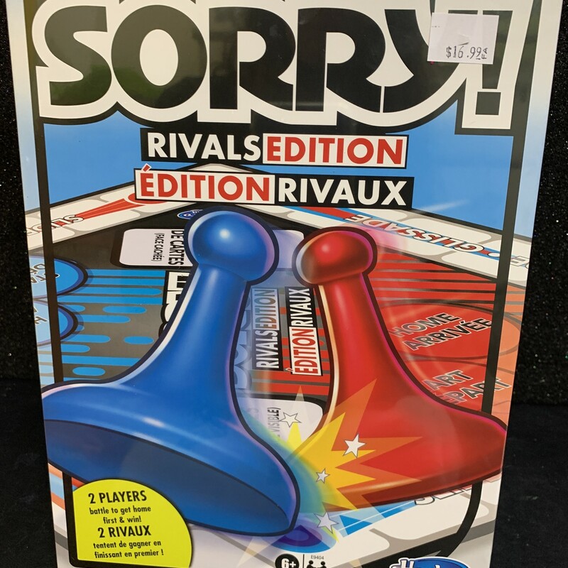 Sorry Rivals Edition, 6+, Size: Game

Description
It's the Sorry! game that has 2 players going head-to-head in a battle to get to the Home space first to win. In this Rivals Edition of the Sorry! game, players move their pawns around the board following the instructions on the cards. Players jump, bump, and slide their opponent's pawns as they race to be the first player to get all 3 of their pawns into Home. This two-player Sorry! game takes less time to play than the classic Sorry! game. It's a great choice for a play date, a rainy day activity, or anytime your kids want a fun game to play with a friend. For ages 6 and up.
Hasbro Gaming and all related trademarks and logos are trademarks of Hasbro, Inc.

TWO-PLAYER GAME: The Rivals Edition of Sorry! board game is an exciting game that has 2 players going head-to-head in a battle to get into the Home space first to win
GAME OF SWEET REVENGE: Chase, race, bump, and slide! It's fun for a player to say sorry to their opponent as they bump them back while they hustle their way to home base
QUICK GAMEPLAY: With the Sorry! Rivals game, players can experience faster gameplay than the classic Sorry! game

• Includes gameboard, 36 cards, 3 red pawns, 3 blue pawns, and instructions.
• Ages 6 and up
• For 2 players.