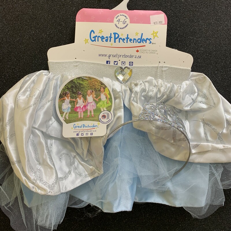 Cinderella Tutu & Crown, Blue 4-6, Size: Dress Up

Who needs Prince Charming when you have this charming skirt and tiara set! This soft glitter tulle tutu has a thick waist band that guarantees non-itchy, size flexible comfort. The skirt has a custom glitter printed peplum and is accompanied by our best selling silver glitter tiara which perfectly completes this fairy tale ensemble.