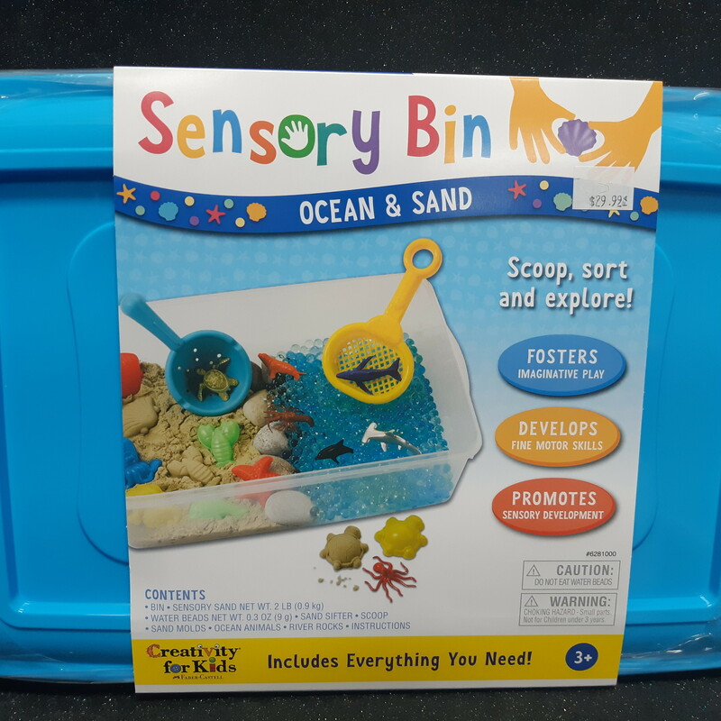 Ocean & Sand Sensory Bin, 3+, Size: Sensory

Foster imaginative play with the Ocean & Sand Sensory Bin. This self-contained play bin is the ultimate sensory experience. Develop and practice fine motor movement with scooping, sifting and playing in this self-contained beach environment. Includes easy to shape and mold Sensory Sand and fascinating water beads. Also includes sand sifter, scoop, sand molds, ocean animals and river rocks. Conveniently packed in a bin with lid for easy storage. Bin measures approximately 14 ½ w  x 10 ¼ l  X 4 ¾ h.

Explore an under the sea world with a self-contained beach-themed play bin filled with engaging and fun sensory tools. Create cognitive tasks to engage your preschooler such as telling stories, counting ocean animals, and grouping and naming colours. Sensory Bins are full of fascinating materials that foster imaginative play, develop fine motor skills, and promote sensory development.

Details:
Blue case
14.5 x 10.25 x 4.75 (36.83cm x 26cm x 12cm) approx. bin size
Scoop, sort and explore
Includes ready-to-go package that makes storage easy
For ages 3 and up
Contents:
Sensory sand 2 lb. (0.9 kg)
Water beads 0.3 oz. (9 g)
Bin
Sand sifter
Scoop
Sand molds
Ocean animals
River rocks
Instructions