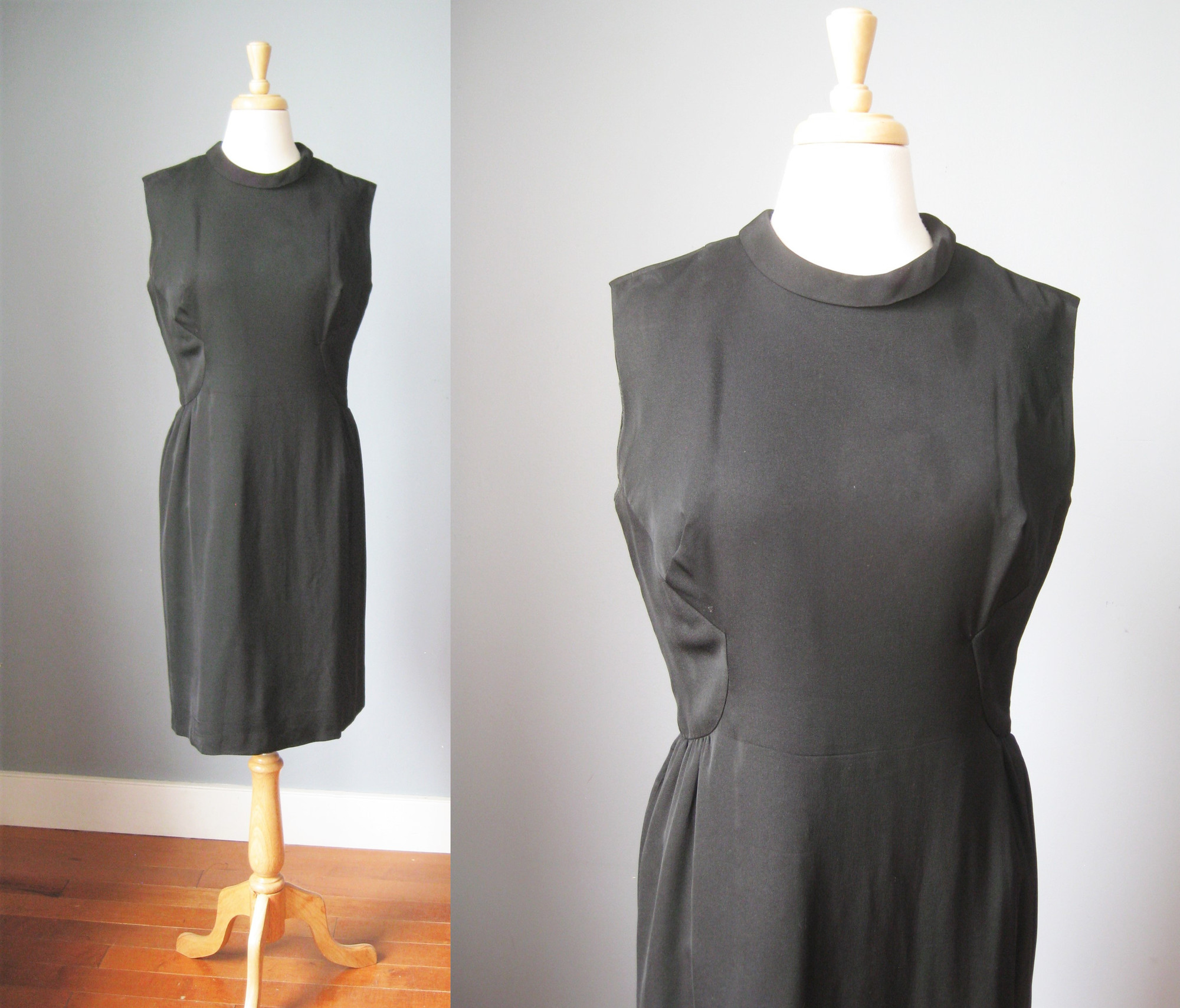 Super simple and timeless little black dress from the 60s
Beautifully made
sleeveless
flat measurements:
armpit to armpit: 20in
waist: 17inin
hip:21 1/4in
length: 39in
excellent vintage condition.

thanks for looking!
#9413