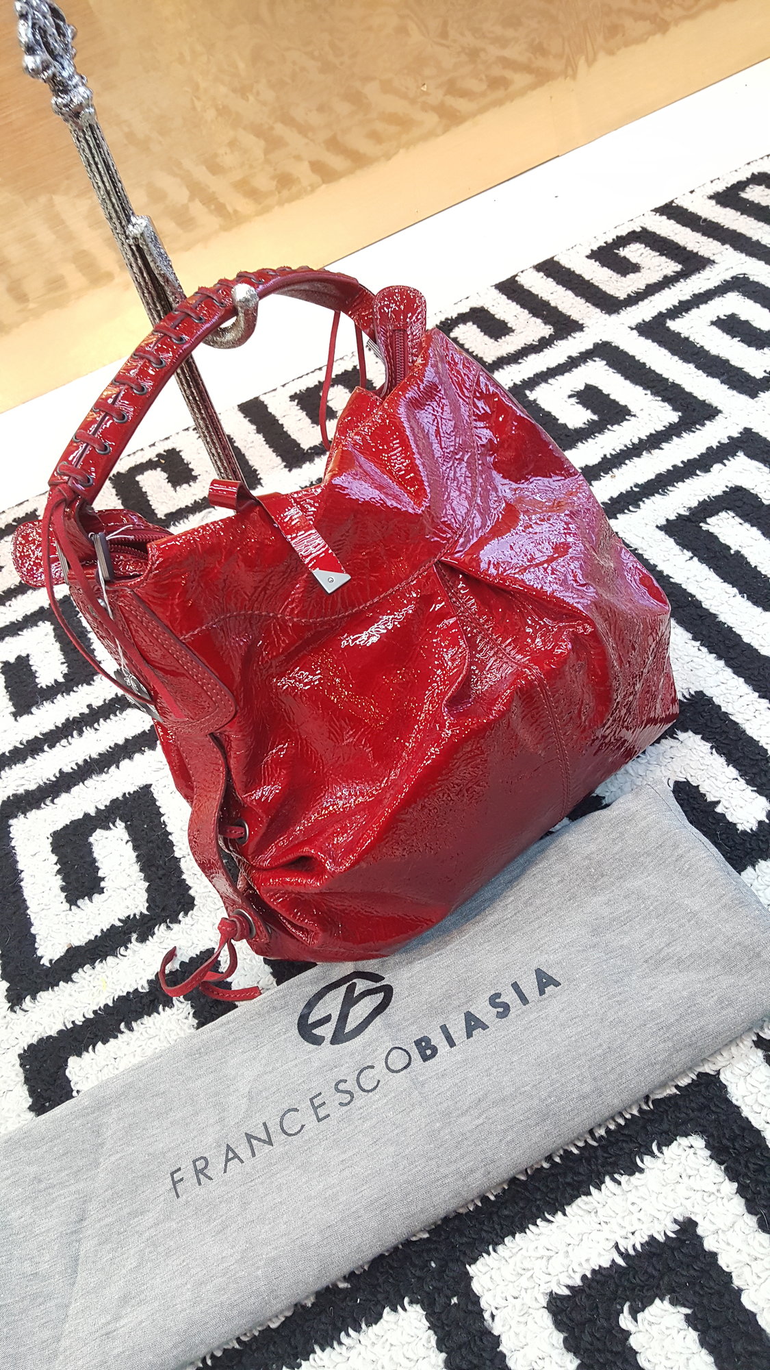 BRAND NEW, Francesco Biasia hobo handbag, red patent leather with smoky silver hardware, with duster bag