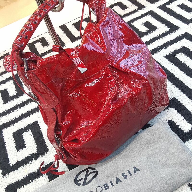BRAND NEW, Francesco Biasia hobo handbag, red patent leather with smoky silver hardware, with duster bag