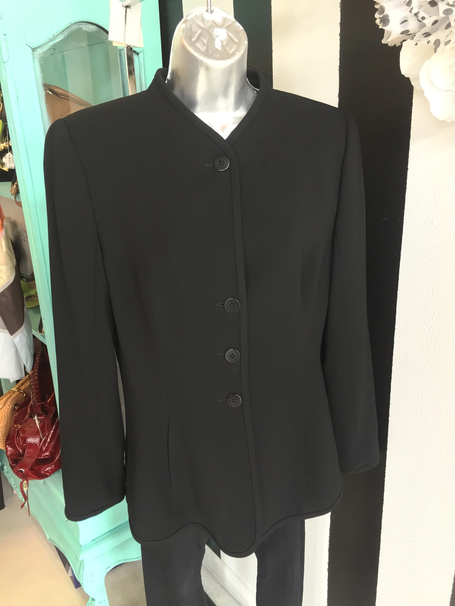 GORGEOUS Giorgio Armani jacket. Black interior and exterior. Front buttons, no collar. Gently used, no signs of use. Dry clean only. Italian size 50 (US size 16). Retail approx: $1,199. WON'T LAST!