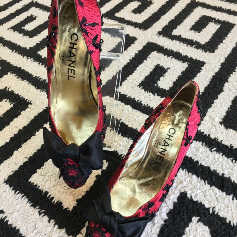 GORGEOUS, CLASSY, Chanel heels. Red with black lace, beading, and bow. Gold insole. 3 inch heel. Size 7. Gently used, some exterior scuffs (shown in photos). Retail approx: $875