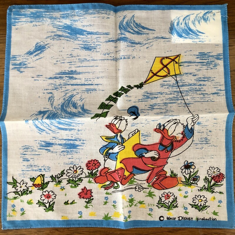 Walt Disney Production Donald Duck Hankie. c.1940s. Crisp vibrant colors. As new unused condition. Size: 9.75in X9.75in