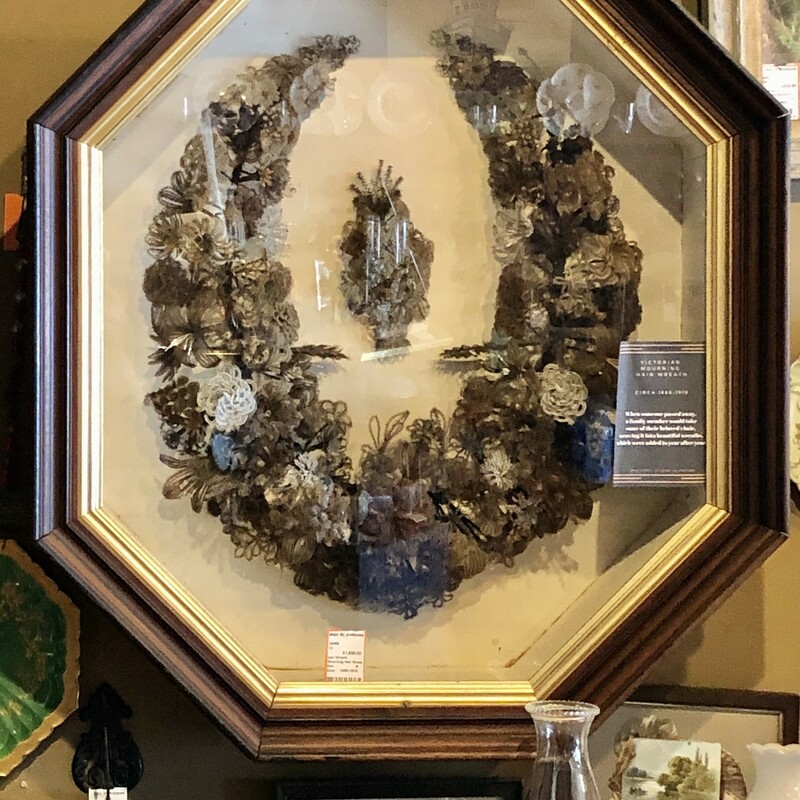Mourning Hair Wreath. Large and museum quality in its original frame. Perfect for your Victorian decor. c.1880-1910.
Available for in-store pickup only.