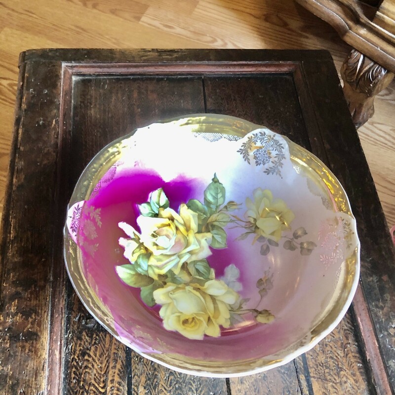 German Porcelain Transferware Bowl. Vibrant floral pattern. 10.5in