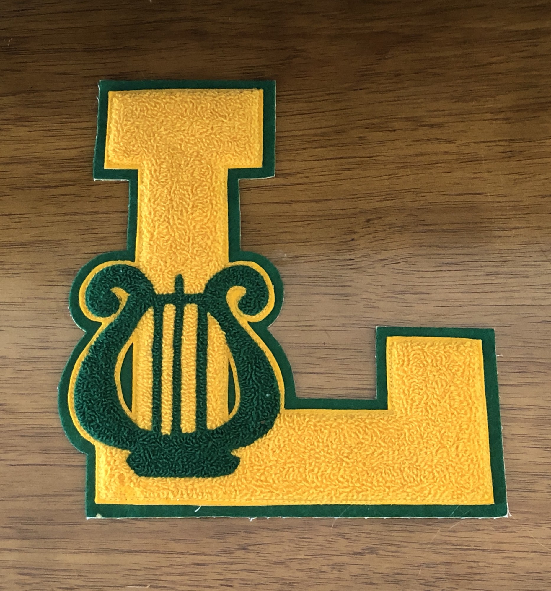 Vintage felt and chenille Letterman Band Letter L, Gold & green, Size: 7x8
