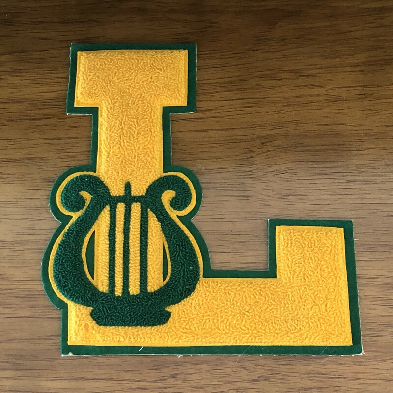 Vintage felt and chenille Letterman Band Letter L, Gold & green, Size: 7x8