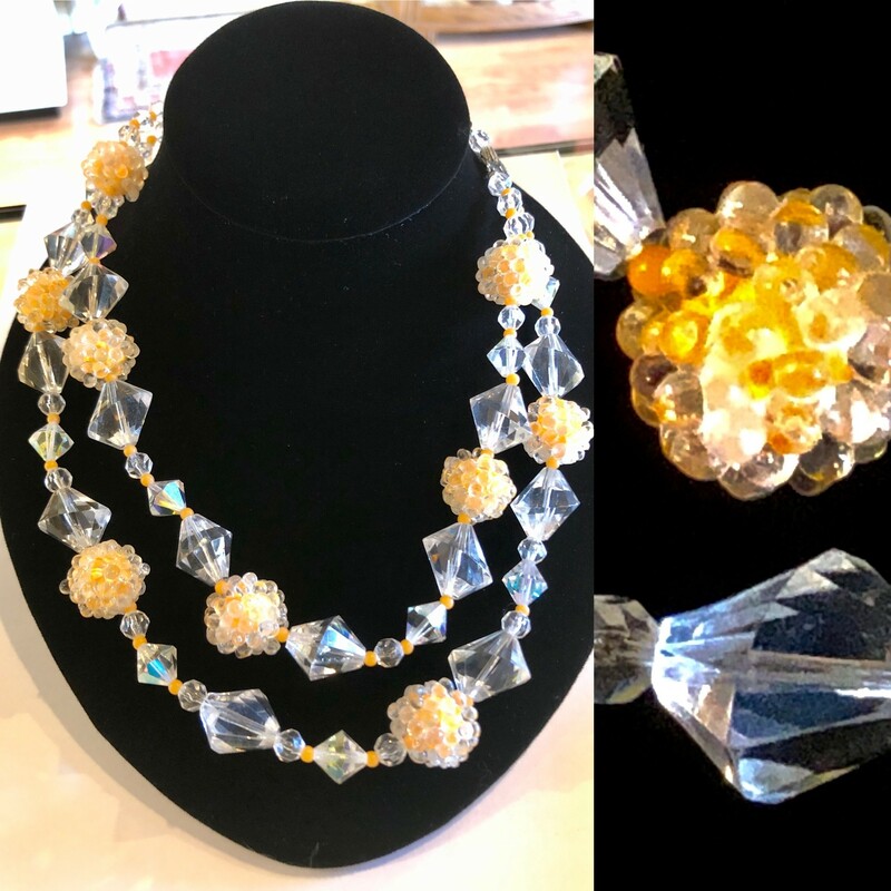 Lucite & Bead Necklace with clear lucite & orange beads. Two-Strand c.1940s.
