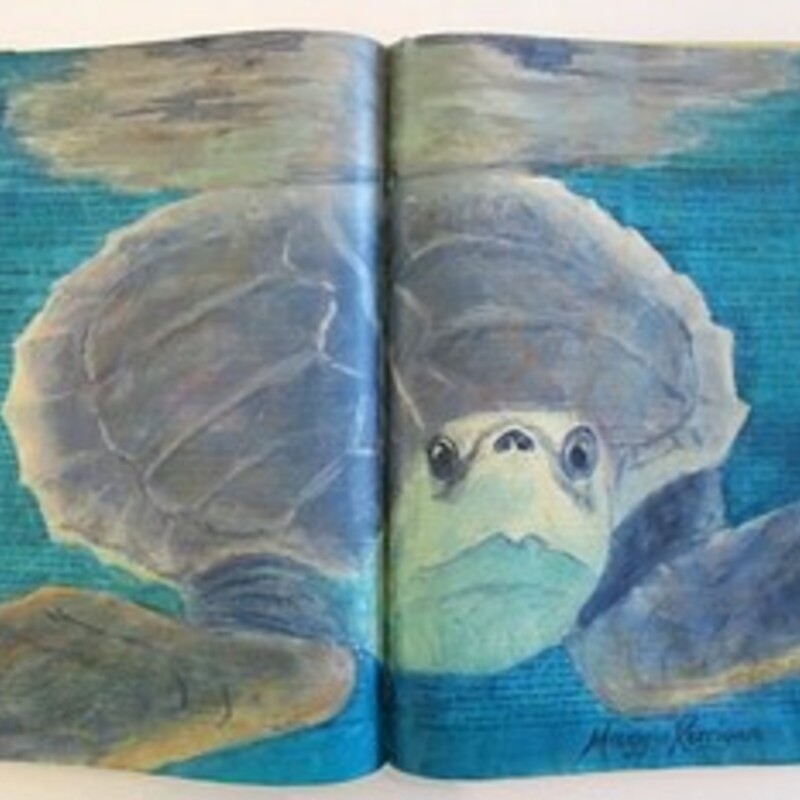 Title:  K is for Kemps Ridley, Artist:  Maggie Kerrigan, Medium:  Acrylic on a Book, Size 12in x 18in, Statement:  Part of a series on endangered and extinct animals, this highly endangered Kemps Ridely Sea Turtle is painted on the T volume of the World Book Encyclopedia--a nearly extinct book.