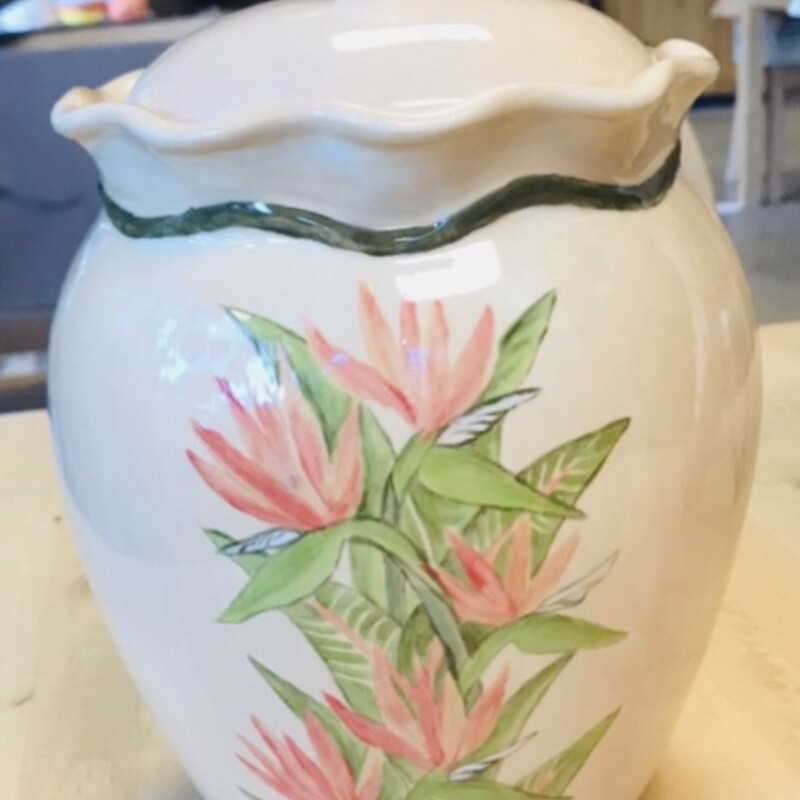Title:Bird Of Paradise Jar/Vase
Artist: Tonya Hopson
Size:10 in height,, 6in depth, 7 in wide
Medium:Pottery/Clay
Statement: Hand painted pottery, Matching Set of 4 Coffee Mugs and Serving Platter available.