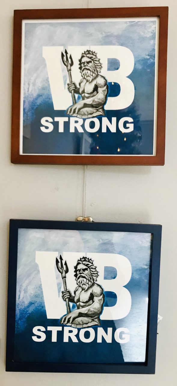 Title: VB Strong Framed Print
Artist: Tonya Hopson
Size: 12x12
Medim: Custom Artists Print
Statement: VB Strong prints are my contribution to the memories and lives of the victims and survivors of the Virginia Beach Municipal tragedy, May 31, 2019. Two versions of my original painting of King Neptune, Ocean Blue and NC Blue; various sizes, prices and frames available.