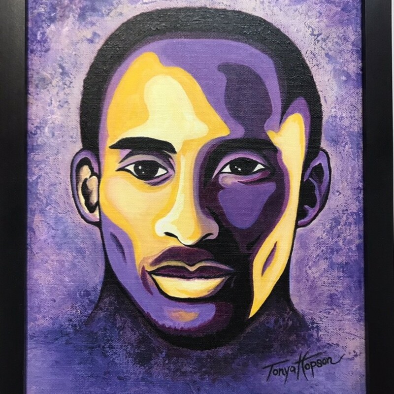 Title: Kobe
Artist: Tonya Hopson
Size: 11x14
Medium: Acrylic
Statement: In memorandom of Kobe Bryant an amazing life remembered. Acrylic painting in Lakers colors with black frame.