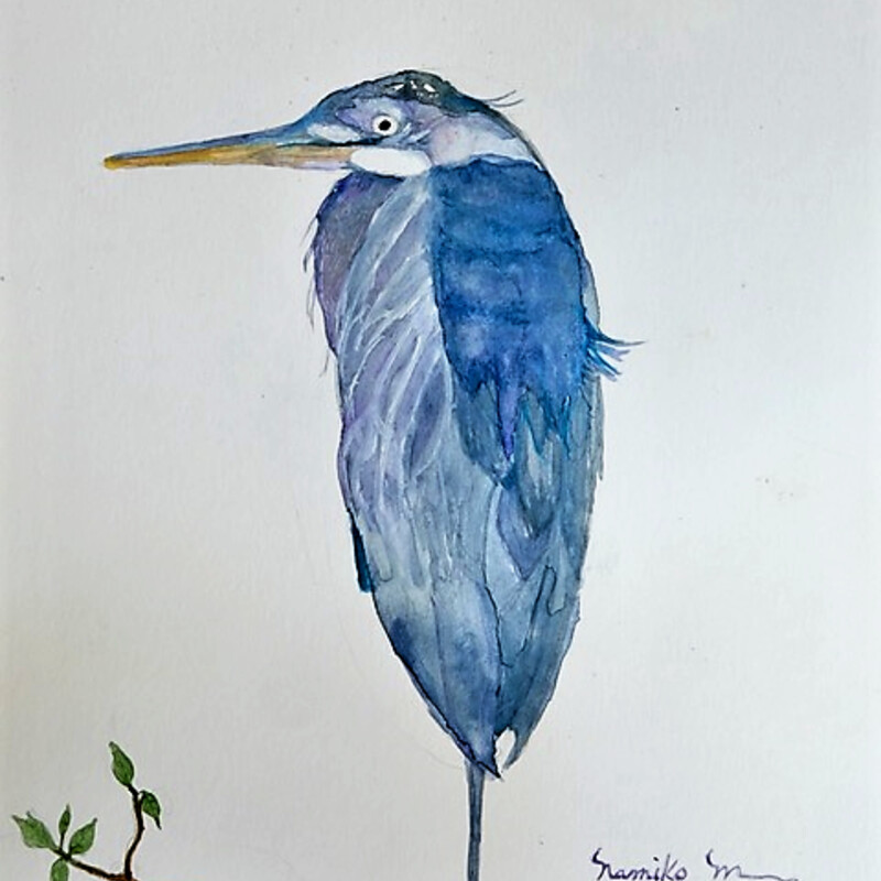 Title: Sending Me a Message, Artist:  Namiko Mahony,  Medium: Watercolor, Size: 8 x 10in,  Statement:  According to North American Native Tradition, The Blue Heron brings message of self determination and self reliance.  They represent an ability to progress and evolve... Every year the Blue Heron stops by stay on back yard fence.  I always feel lucky when I'm able to capture it with my camera. This one is beautiful, strong, and graceful, Hoping I will be able to see and welcome every year.