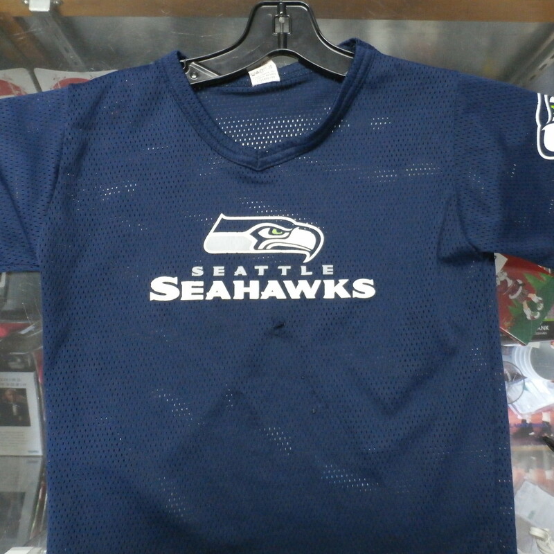 Seattle Seahawks YOUTH Franklin jersey blue size Small 100% polyester #22273
Rating: (see below) 4- Fair Condition
Team: Seattle Seahawks
Player: Team
Brand: Franklin
Size : YOUTH Small- (Measures Chest 16\" ; Length 17.5\") armpit to armpit; shoulder to hem
Color: blue
Style: short sleeve; screen printed
Material: 100% polyester
Condition: 4- Fair Condition; wrinkled; some pilling and fuzz; material is slightly stretched and worn from wearing and washing; half inch hole in front just beneath the screen printing, with a series of small snags just beneath the hole (see photos)
Item #: 22273
Shipping: FREE