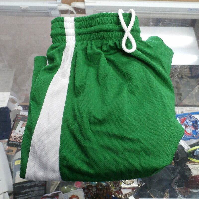 Alleson Men's reversible  Athletic shorts Green/white size Medium poly #27329
Rating: (see below) 4- Fair Condition
Team: n/a
Players: n/a
Brand: Alleson
Size: Men's  medium (Measured Flat: waist 13\"; Length 19\"; inseam 8\")
Color: Green/White
Material: 100%polyester
Style: athletic shorts; Reversible;
Condition: 4- Fair Condition: wrinkled; minor pilling and fuzz; some stretching at waist from wear; on the white of shorts there are multiple small stains throughout front and back; few small snags;
Item #27329
Shipping: FREE