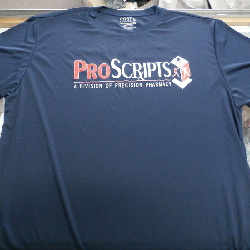 Men's Port & Company Shirt \"ProScripts\"  size Large short sleeve blue #27652
Rating: (see below) 3- Good Condition
Team: N/A
Player: n/a
Brand: Port & Company
Size: Men's Large- (Measured Flat: Across chest 21\"; Length 29\")
Measured Flat: underarm to underarm; top of shoulder to bottom hem
Color: blue
Style: short sleeve; screen printed
Material: 100% polyester
Condition: 3- Good Condition: wrinkled; minor pilling and fuzz; minor stretching from use; minor discoloration;
Item #: 27279
Shipping: FREE